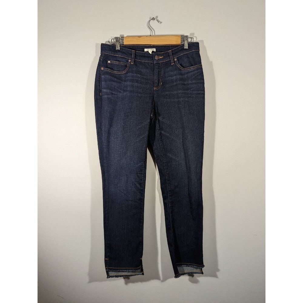 Eileen Fisher Jeans Women Sz 8 Raw Hem Blue Straight Leg Mid Rise Denim‎ Pants
